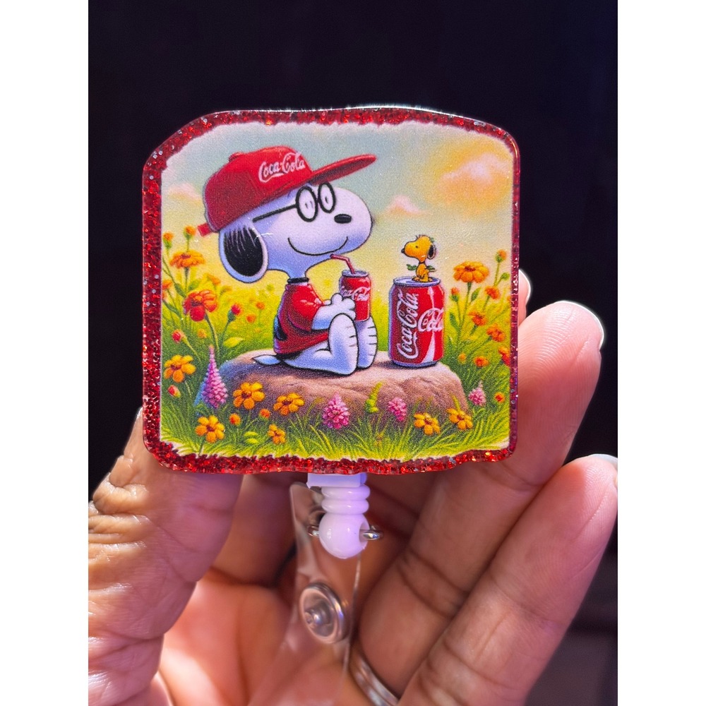 Snoopy Coca-Cola Retractable Badge Reel Peanuts Woodstock ID Holder Red Glitter